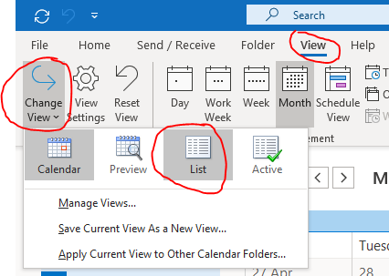 Outlook View menu, Change View, List